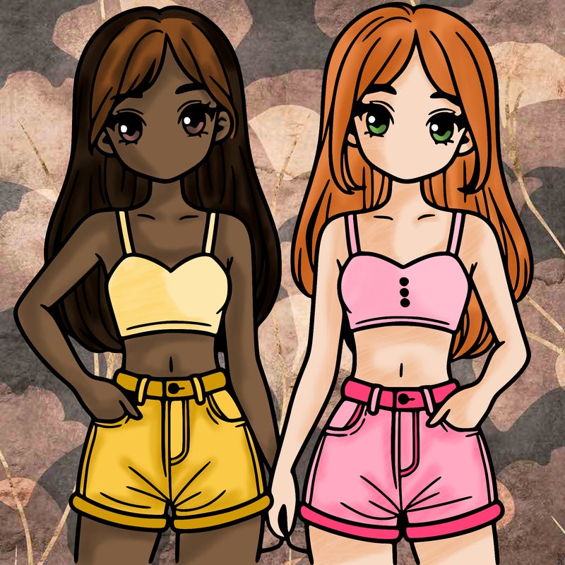 two sisters with crop tops and jean shorts and straight hair