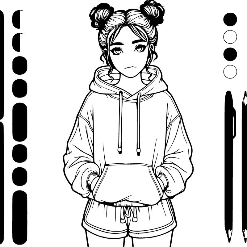 realistic girl with her hair up in two buns wearing a baggy hoodie and shorts