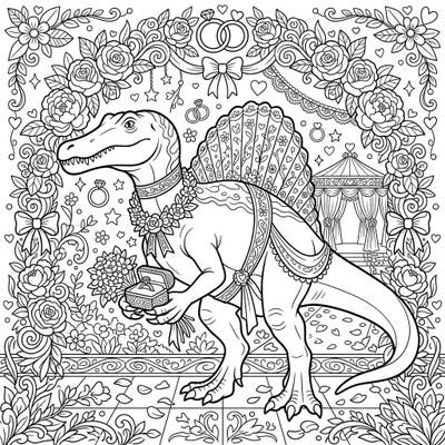 Discover a truly unforgettable scene with our Spinosaurus wedding coloring page. This unique design blends prehistoric charm with romantic elegance, perfect for dinosaur lovers and wedding enthusiasts alike.