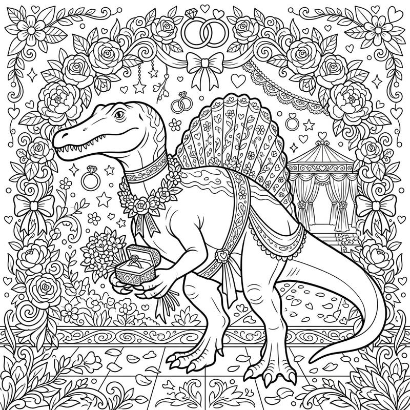 Discover a truly unforgettable scene with our Spinosaurus wedding coloring page. This unique design blends prehistoric charm with romantic elegance, perfect for dinosaur lovers and wedding enthusiasts alike.