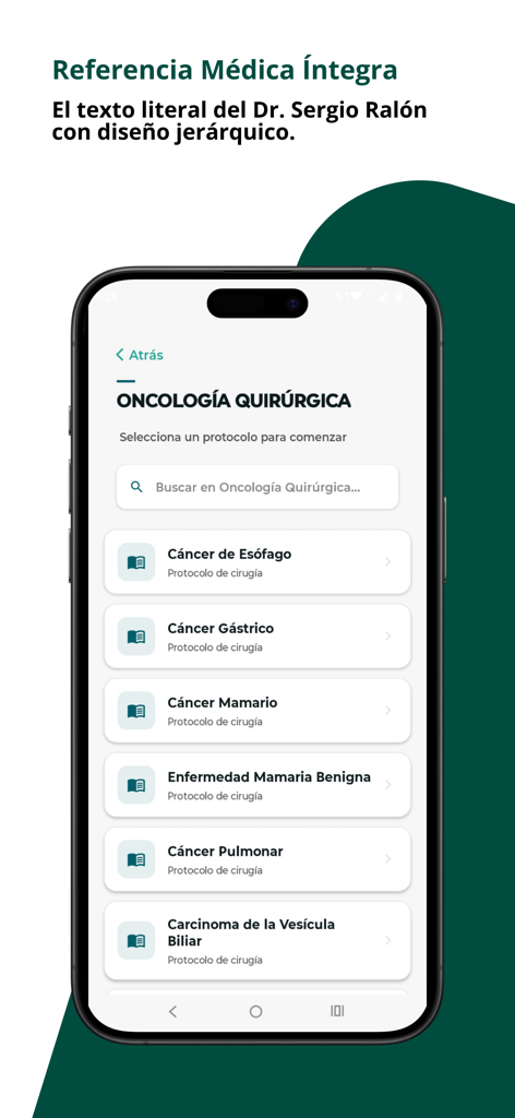Manual de Cirugía - Dr. Ralón - Tela do aplicativo Manual de Cirugia mostrando uma lista de protocolos de oncologia cirúrgica
