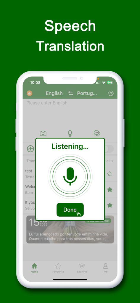 ptTranslator for Portuguese - Tela do aplicativo ptTranslator mostrando o recurso de tradução de voz com um pop-up de microfone ativo.