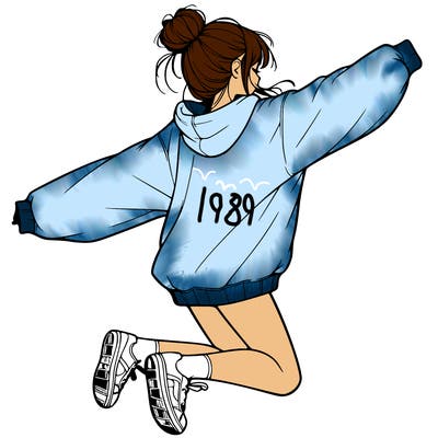 realistic girl jumping with a bun and oversized sweatshirt