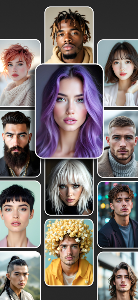 Hair Type: AI Hairstyle Try On - A collage of diverse virtual hairstyles and hair colors for men and women
