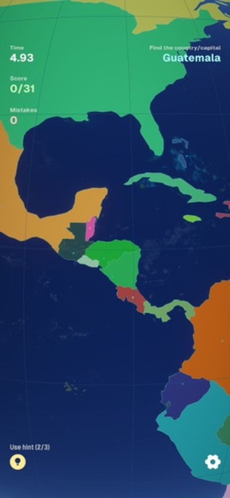 Tapmap - Interactive geography quiz in Tapmap showing a map of Central America and a prompt to find Guatemala