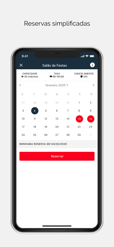 Pantalla de la aplicación Efetiva Administradora que muestra una interfaz de calendario para simplificar las reservas de salones de fiestas.