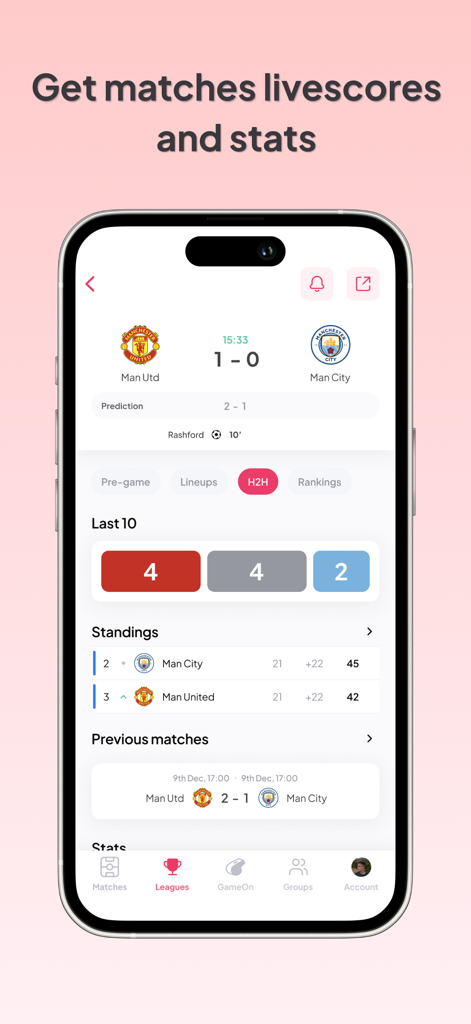 Mobile app screen showing soccer livescores and match statistics