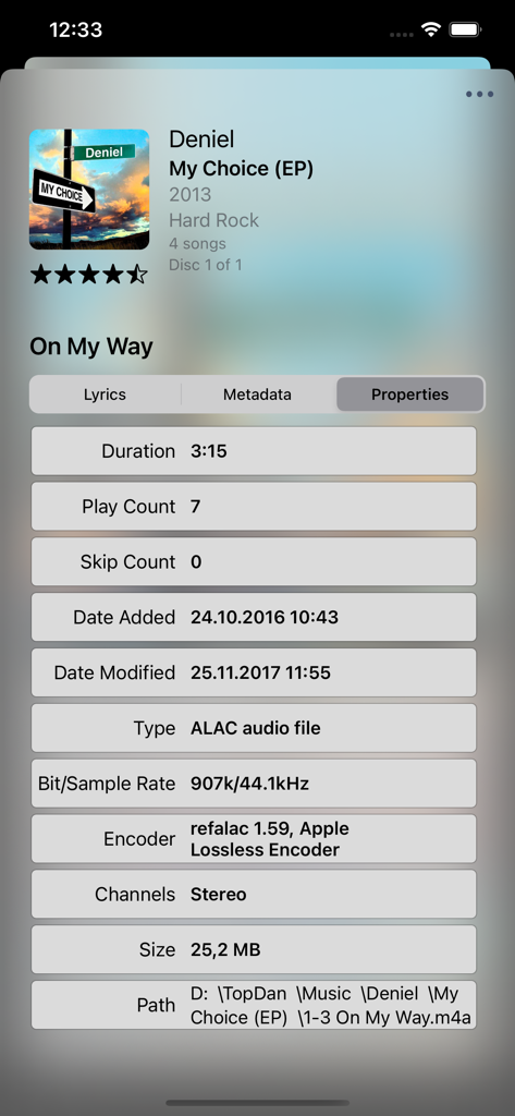 MusicBee Remote - MusicBee Remoteの詳細トラックプロパティビュー。オーディオファイルの技術データ表示。