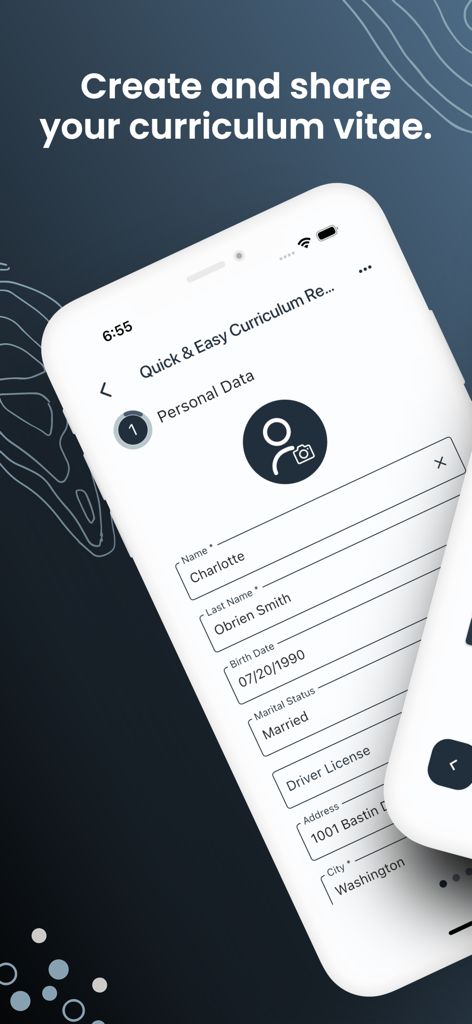 Mobile app interface for entering personal data like name and address to create a professional curriculum vitae