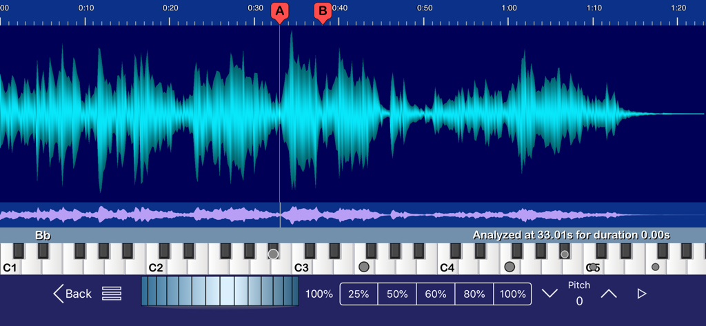 Beat Time! - Interfaz de la app Beat Time mostrando forma de onda de audio y detección de acordes en un piano virtual