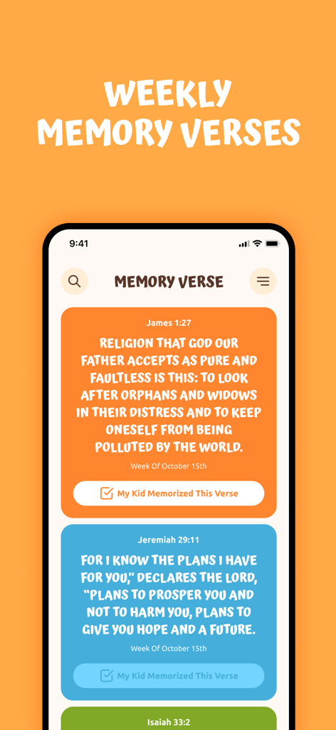 Weekly Bible memory verses for kids displayed on colorful cards with progress tracking