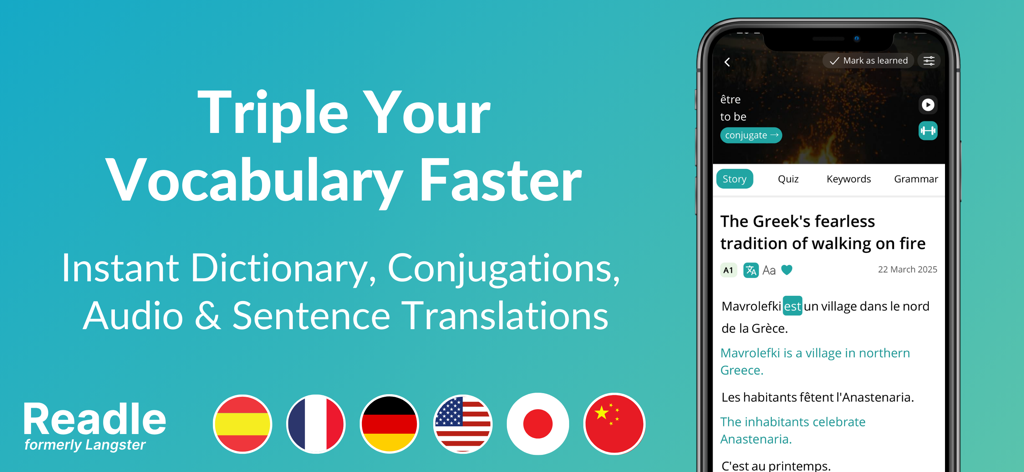Readle: Learn Languages Daily - Interfaz de la aplicación Readle mostrando una historia en francés con traducciones instantáneas de oraciones y herramientas de vocabulario.
