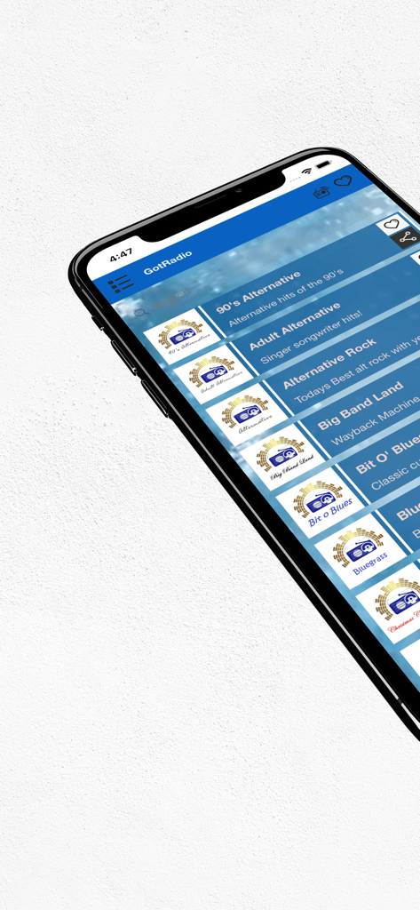 GotRadio.com - GotRadio app interface on an iPhone showing various music stations and genres