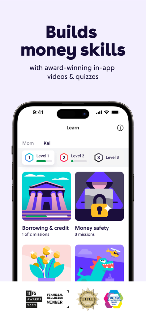 GoHenry app interface showing educational money missions and learning levels for kids.