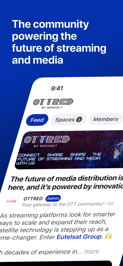 OTTRED - La interfaz de la aplicación OTTRED mostrando un feed de comunidad para profesionales en la industria del streaming y medios
