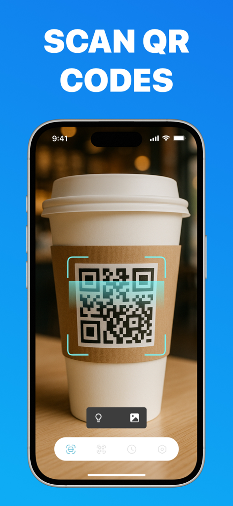 QR Code Reader & Barcode Maker - An iPhone scanning a QR code on a coffee cup using the QR Code Reader and Barcode Maker app