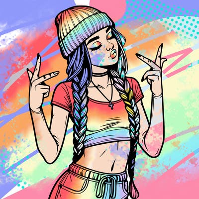 realistic teenage girl with braids and a beanie and crop top doing 🫶🏼
