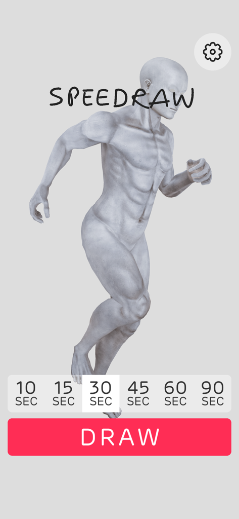 Pantalla de inicio de la aplicación SPEEDRAW que muestra un modelo de figura muscular en 3D con opciones de temporizador de dibujo de 10 a 90 segundos