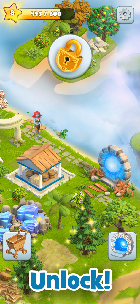Gameplay screen of Land of Legends Family Farm showing a colorful Mediterranean island and a portal ready to be unlocked.
