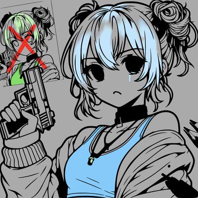 teenage anime girl baddie in a messy bun holding a gun