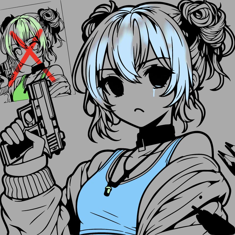 teenage anime girl baddie in a messy bun holding a gun