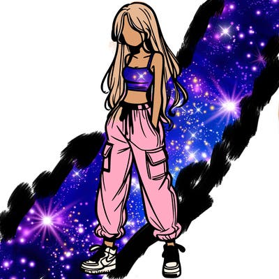 girl in baggy pants crop top and long hair