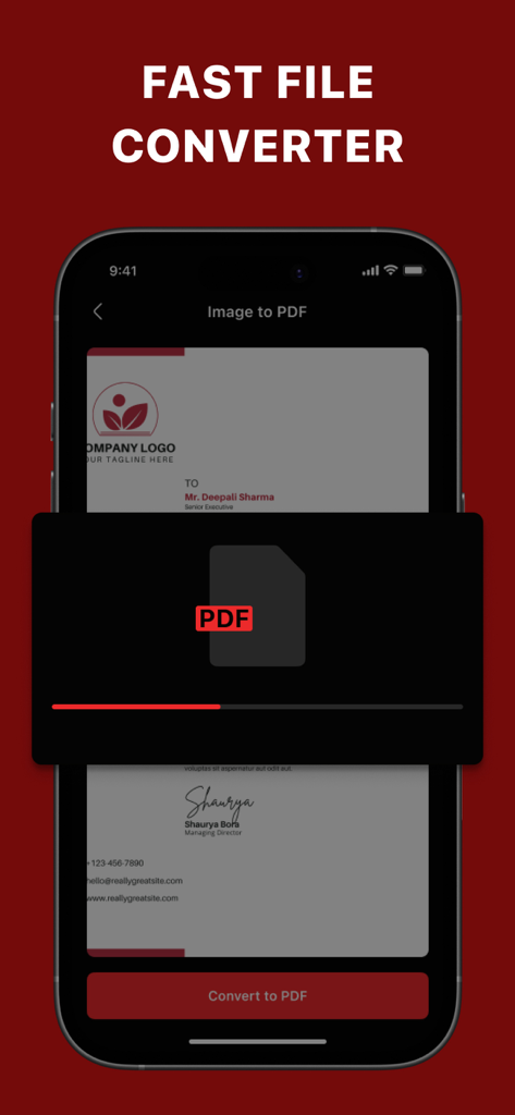 高速な画像からPDFへの変換プロセスを示すスマートフォンのインターフェース。