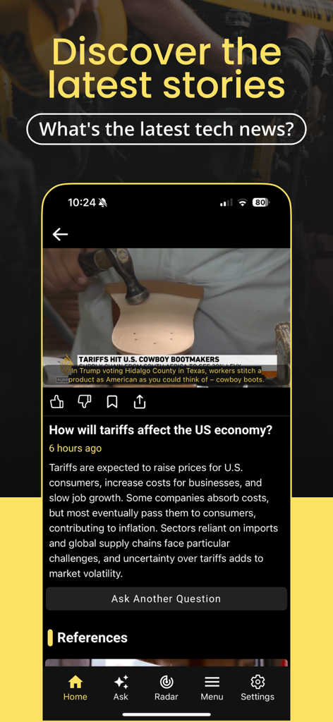 LeadStory - LeadStory mobile app interface showing the AI Ask feature with a video and summary about the US economy