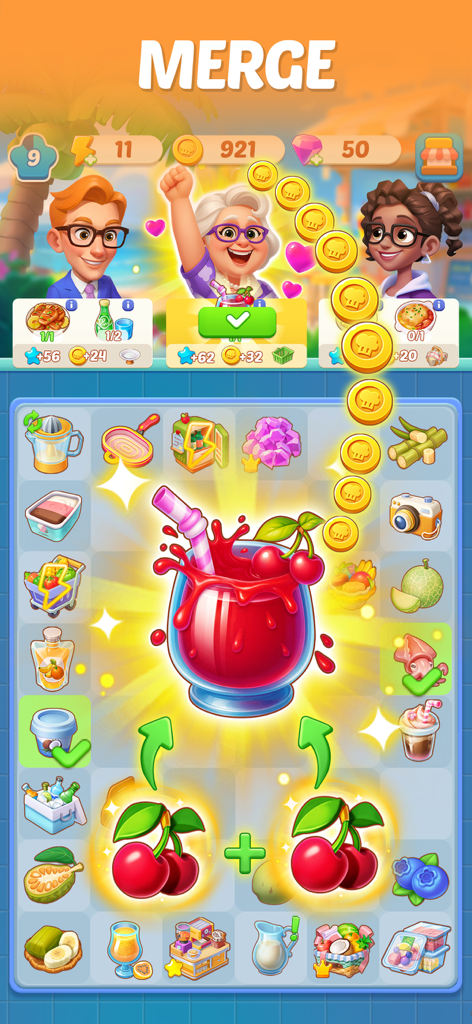 Merge Cooking® - A mobile game screen showing two cherries merging into a vibrant red cherry drink in Merge Cooking