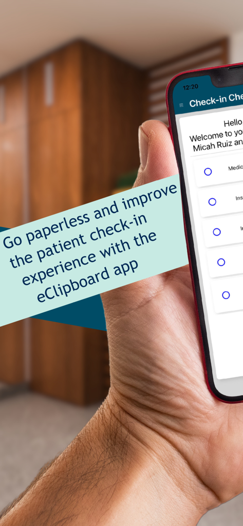 eClipboard 24 - A person holding a phone displaying the eClipboard app for paperless dental patient check-in