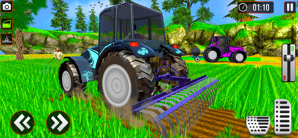 Captura de pantalla del juego que muestra un tractor azul arando un campo verde en el Simulador de Tractor Agrícola