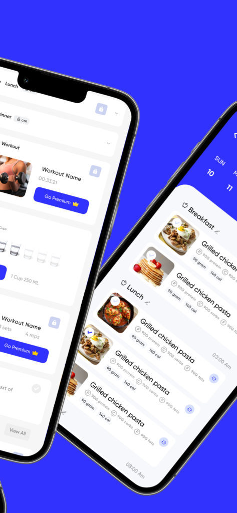 Two iPhones displaying iTrainer app screens for personalized diet plans and workout tracking