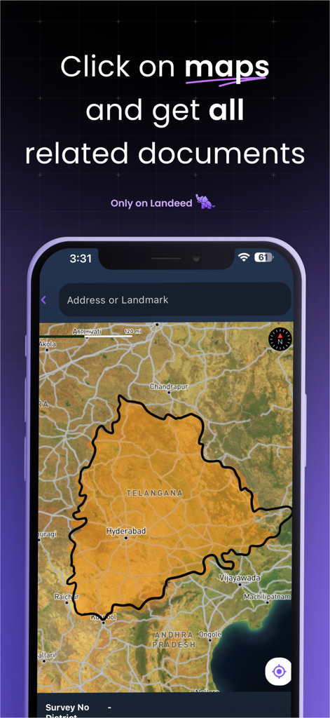 Landeed app interface showing an interactive map search for Indian property records.