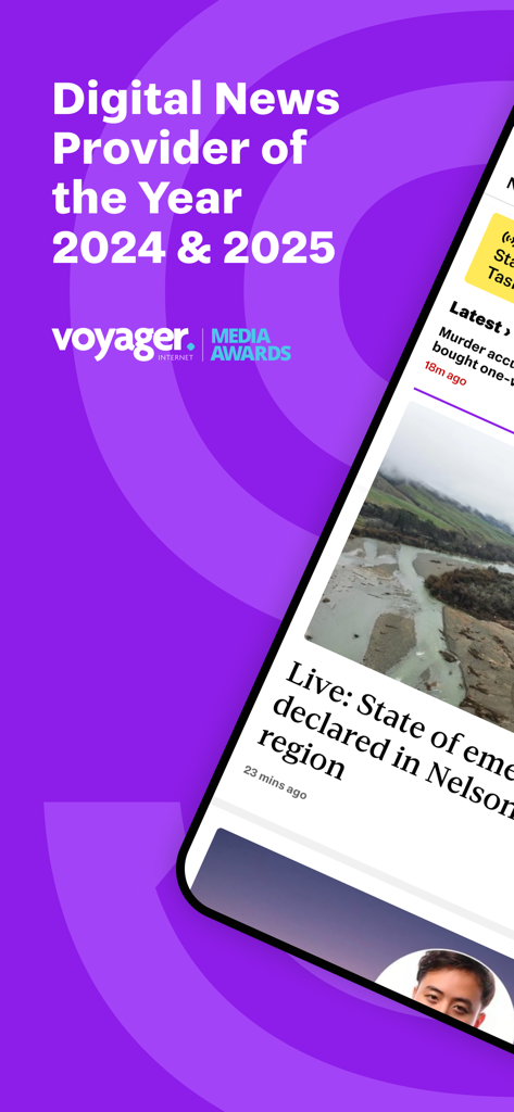 Stuff.co.nz - Imagen promocional de la app de noticias Stuff que muestra los Premios Voyager Media a Proveedor de Noticias Digitales del Año