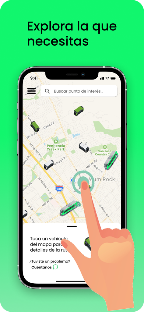 Una mano tocando un ícono de autobús verde en el mapa de transporte en tiempo real de la aplicación HiWay.