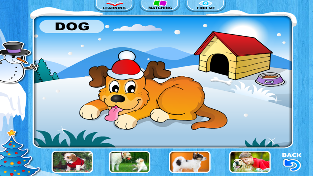 Ein Cartoon-Hund mit Weihnachtsmütze in einer Winterlandschaft aus der Lern-App Abby Amazing Farm and Zoo
