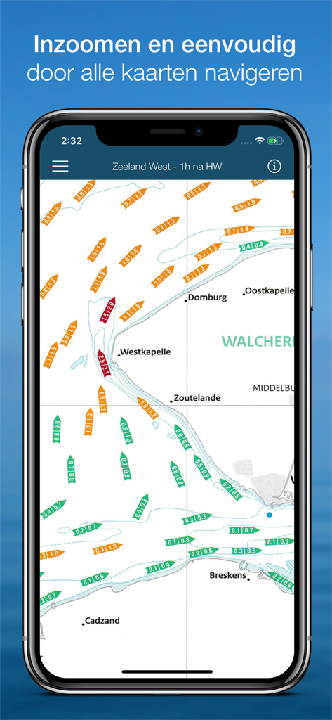 Stroomatlas Noordzee - Stroomatlas Noordzee app screenshot showing a detailed nautical chart with tidal current arrows for the Dutch coastline