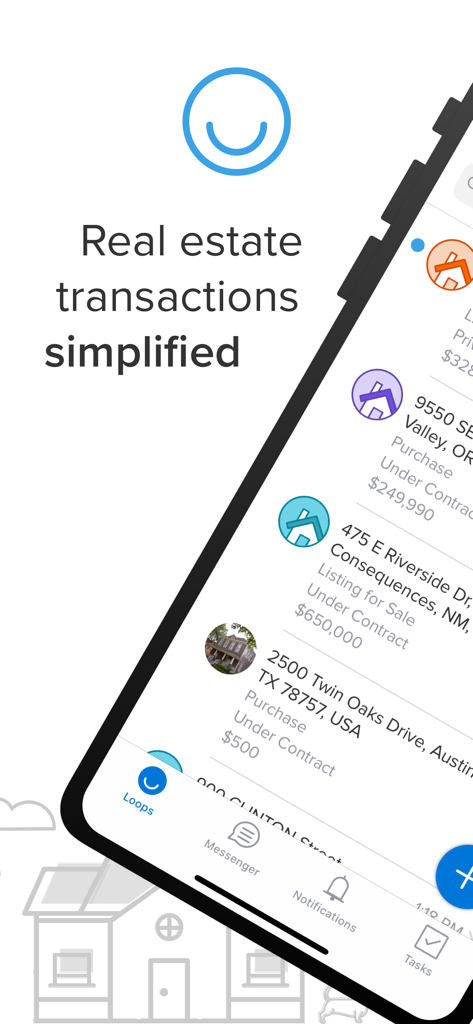iPhone screen displaying property transactions and contract statuses in the Dotloop app