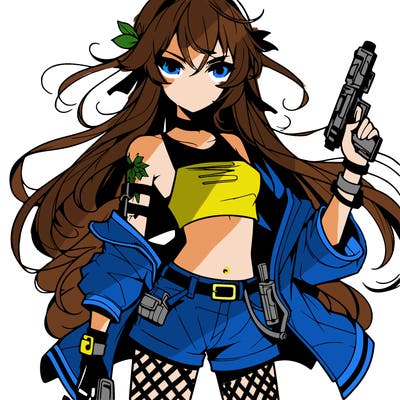 bad girl wearing crop top holding a gun long hair anime