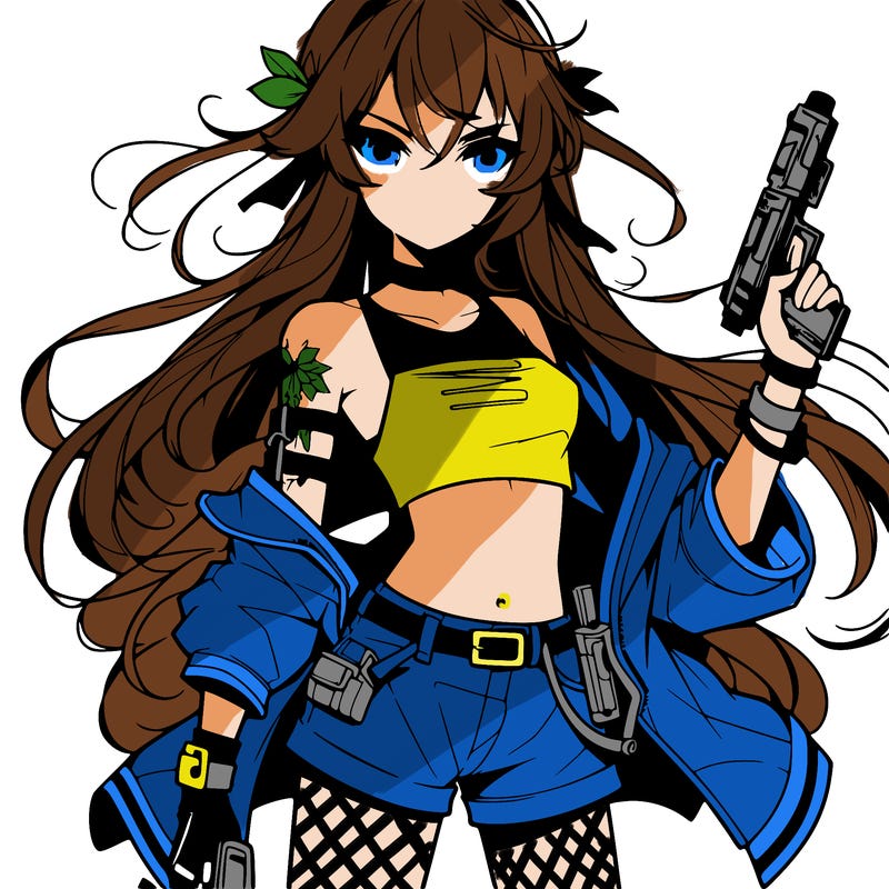bad girl wearing crop top holding a gun long hair anime