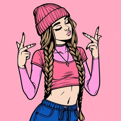 realistic teenage girl with braids and a beanie and crop top doing 🫶🏼