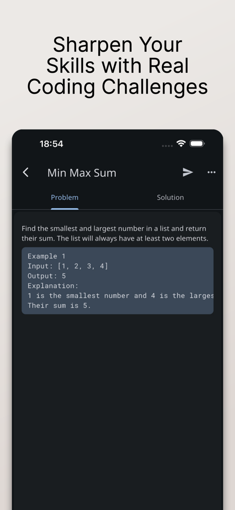 Python Coding Editor app interface displaying a coding challenge called Min Max Sum with problem description and example input.