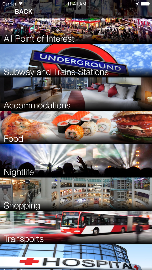 Panama City Offline Map and Travel Trip Guide - Menu screen of the Panama City travel app showing categories for food shopping and transport