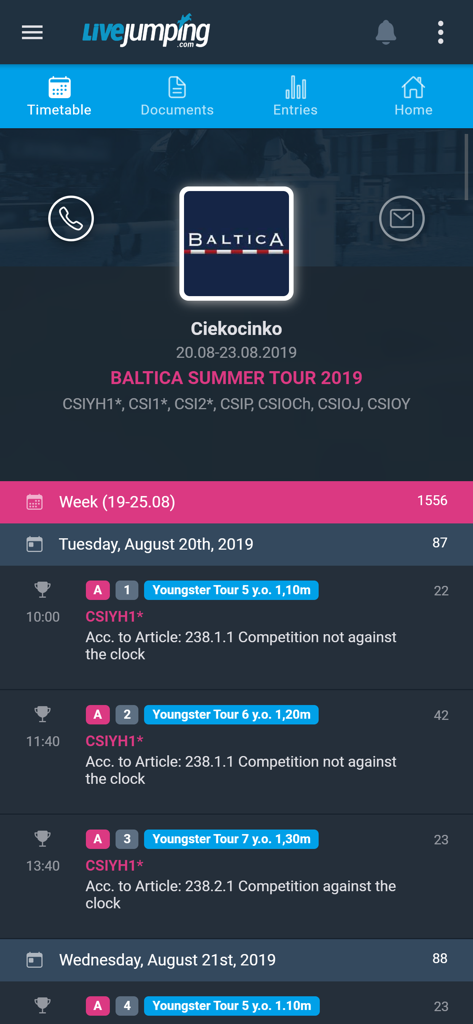 LiveJumping.com - Mobile app screen showing the equestrian competition timetable and event details for Baltica Summer Tour