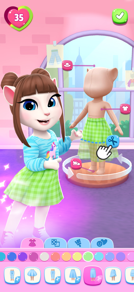 Talking Angela designing and customizing outfits on a mannequin in her fashion studio.
