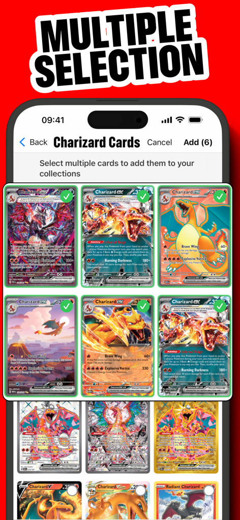 Uma interface de usuário mostrando várias cartas Charizard selecionadas para adição em massa a uma coleção no aplicativo MyDex TCG.