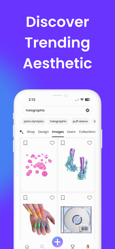 Interface de pesquisa do aplicativo ShopLook para inspiração de moda e estilo de vida estético holográfico em alta