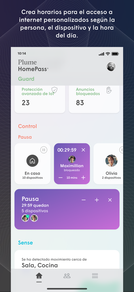TIGO wifi+ - Panel de la aplicación Tigo wifi plus mostrando controles parentales y funciones de pausa de Internet en español