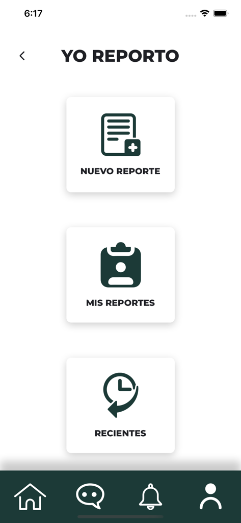 The Yo Reporto screen of the Soy SPS plus mobile app featuring buttons for new reports, personal reports, and recent activity.