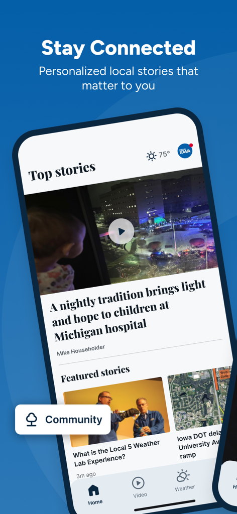 Des Moines News - We Are Iowa - Eine mobile Benutzeroberfläche der We Are Iowa Nachrichten-App, die Top-Storys und Gemeinde-Nachrichten anzeigt